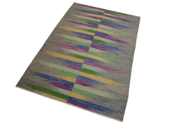 Flat Weave Kilim, Antique, Navaho, Vintage, Handmade, Modern Kilim Grey Purple Hand-Woven Rectangle 100% Wool Area Rug 7 x 10